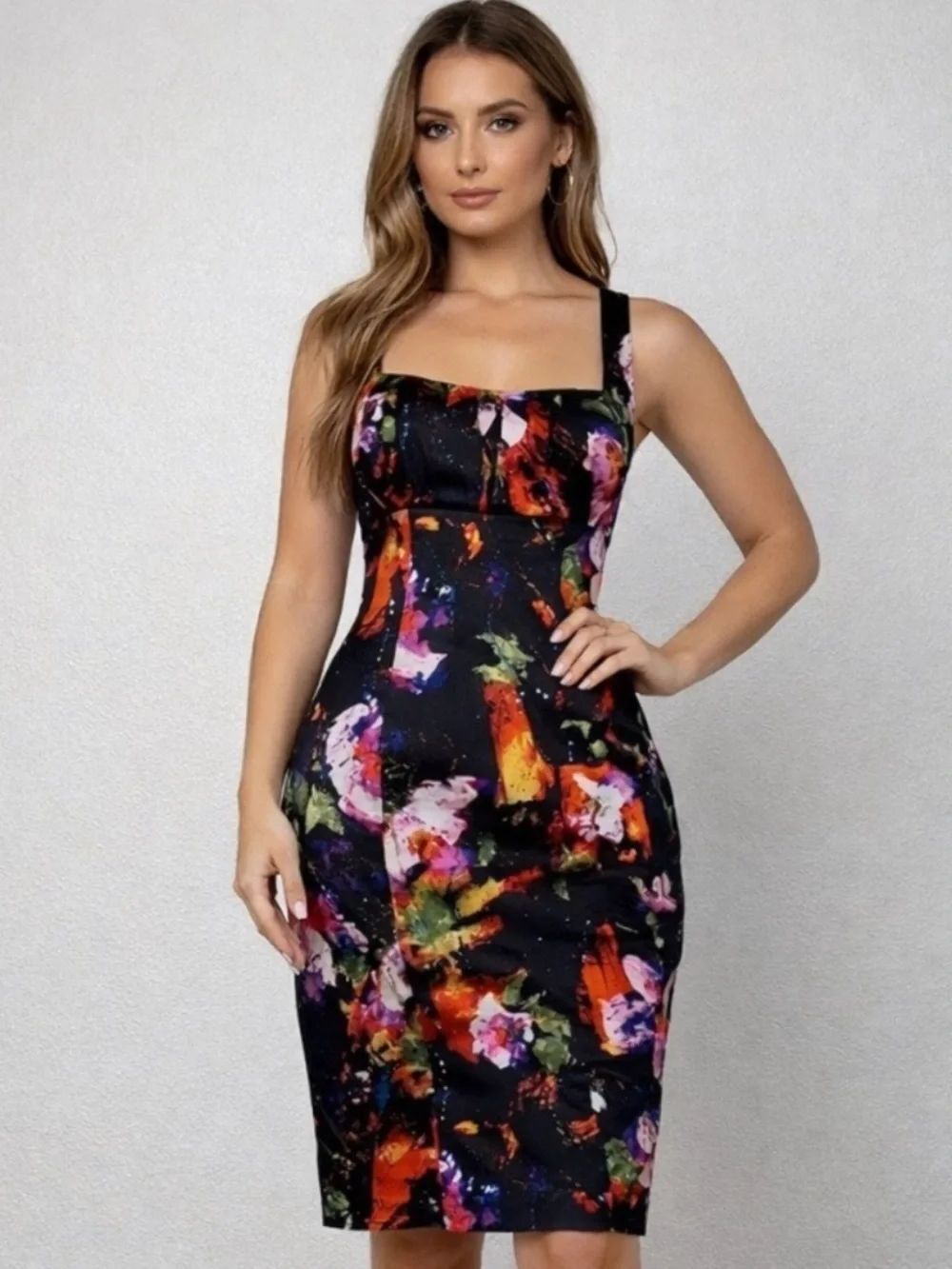 DAVID MEISTER 95% Silk Sleeveless Floral Retro Sheath Midi Black Multi Size 6